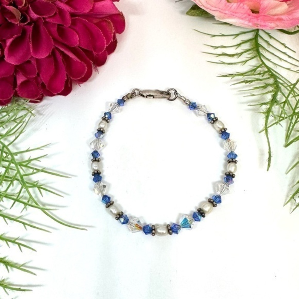 VINTAGE⚜️Freshwater Pearl & Crystal Beaded Sterling Silver Bracelet